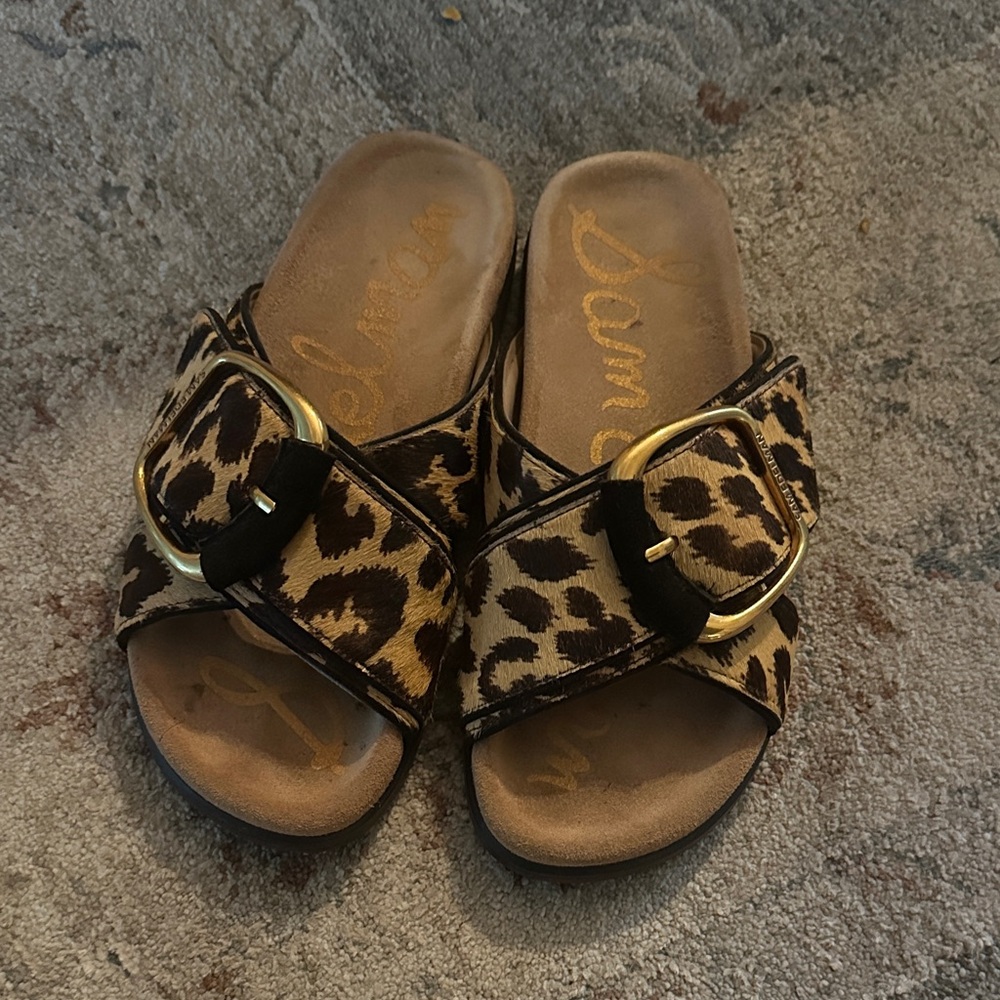 Leopard Print Slide Sandals with Gold Buckle